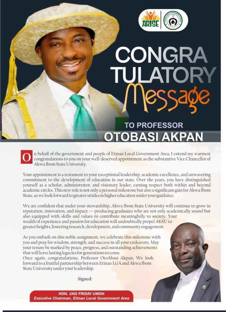 Etinan Council Boss Congratulates Prof. Akpan on Appointment as AKSU VC