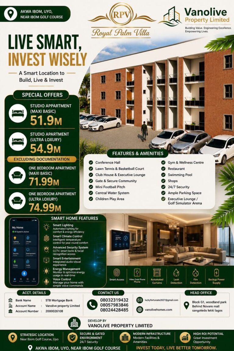 Vanolive Unveils Smart Luxury Apartments at Royal Palm Villa, Targets Investors, Golf Tourists in Uyo